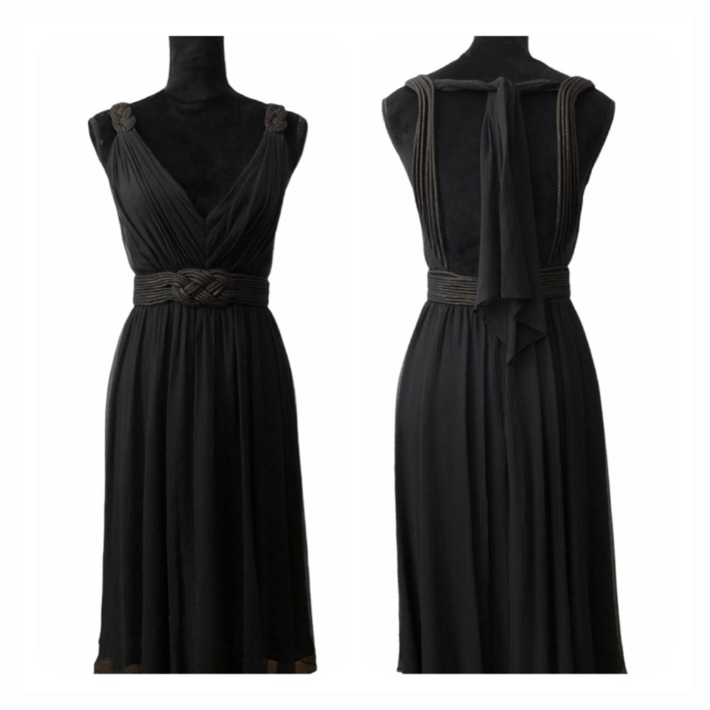 BCBGMAXAZRIA‎ Black Silk Grecian Midi Dress Sleeveless Draped Formal Cocktail